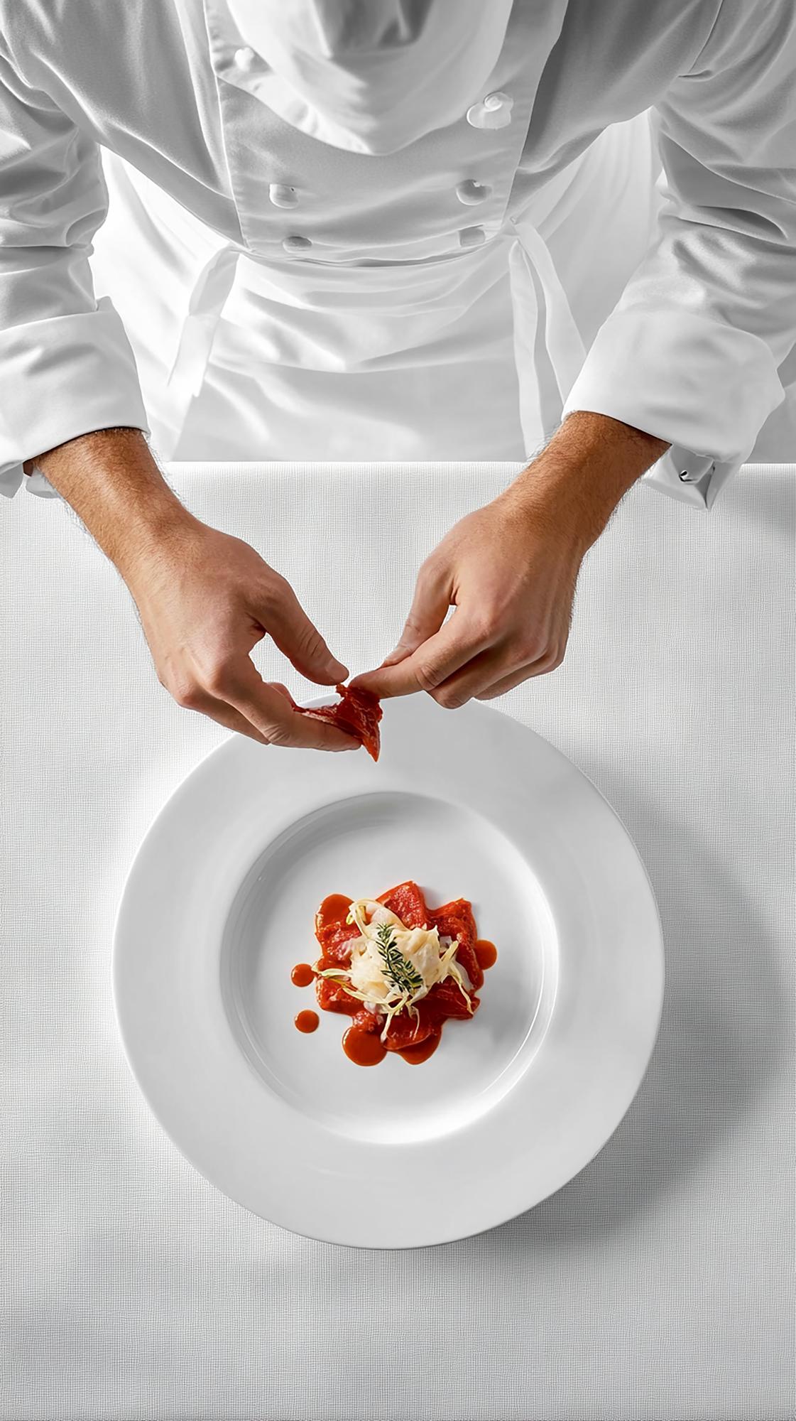 Chef preparing plated dish in modern kitchen